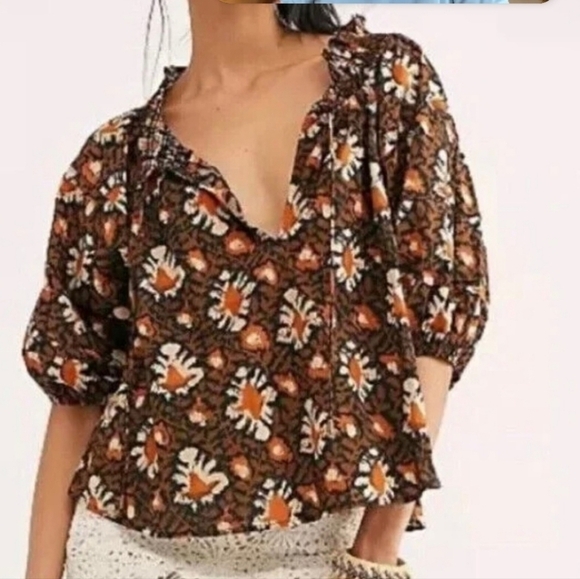 FREE People Willow Printed Peasant Blouse  Brown Orange Small Boho Bohemian 70s - Picture 1 of 9